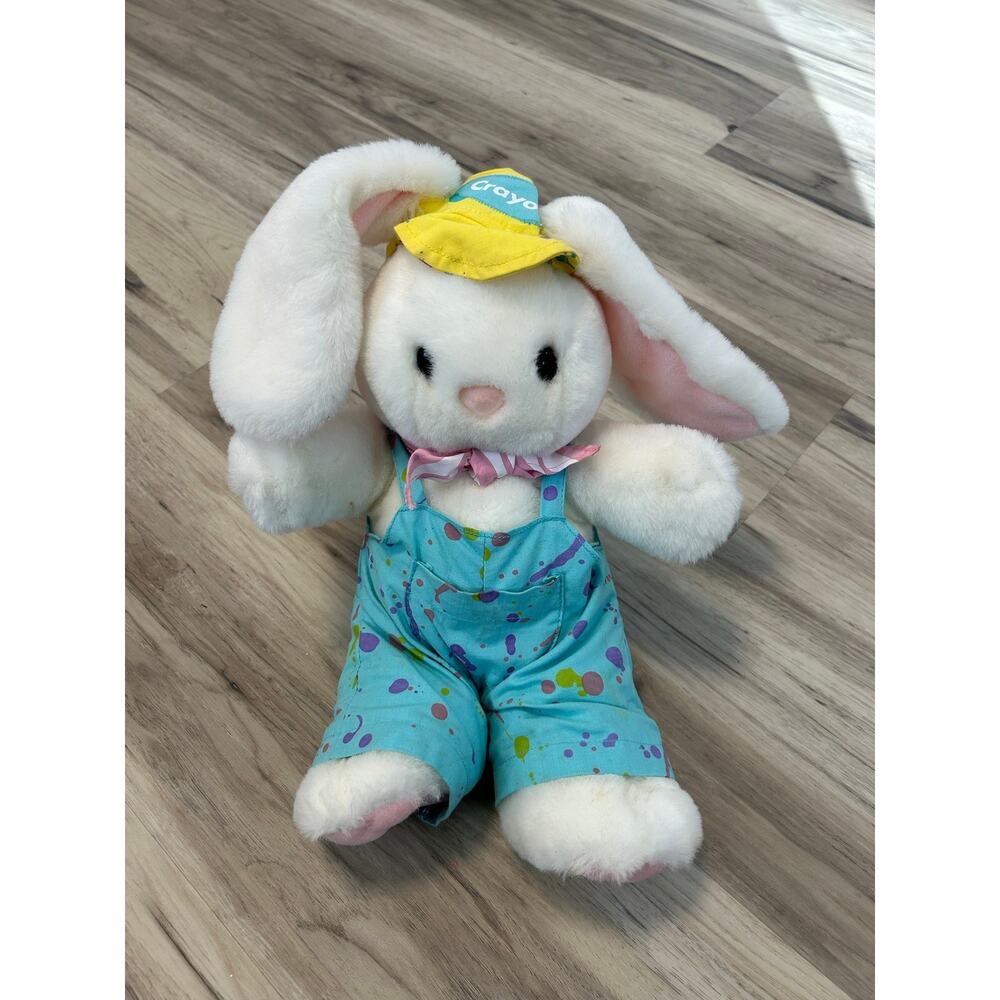 Hallmark Crayola 1990 Vintage White & Pink Bunny with Hat, Overalls & Bandana